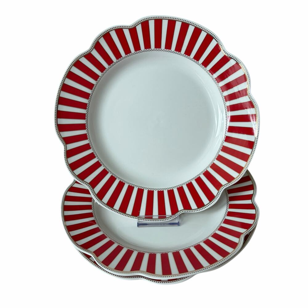 Grace Teaware Dinner Plates 11in Set of 3 Red & White Stripes New